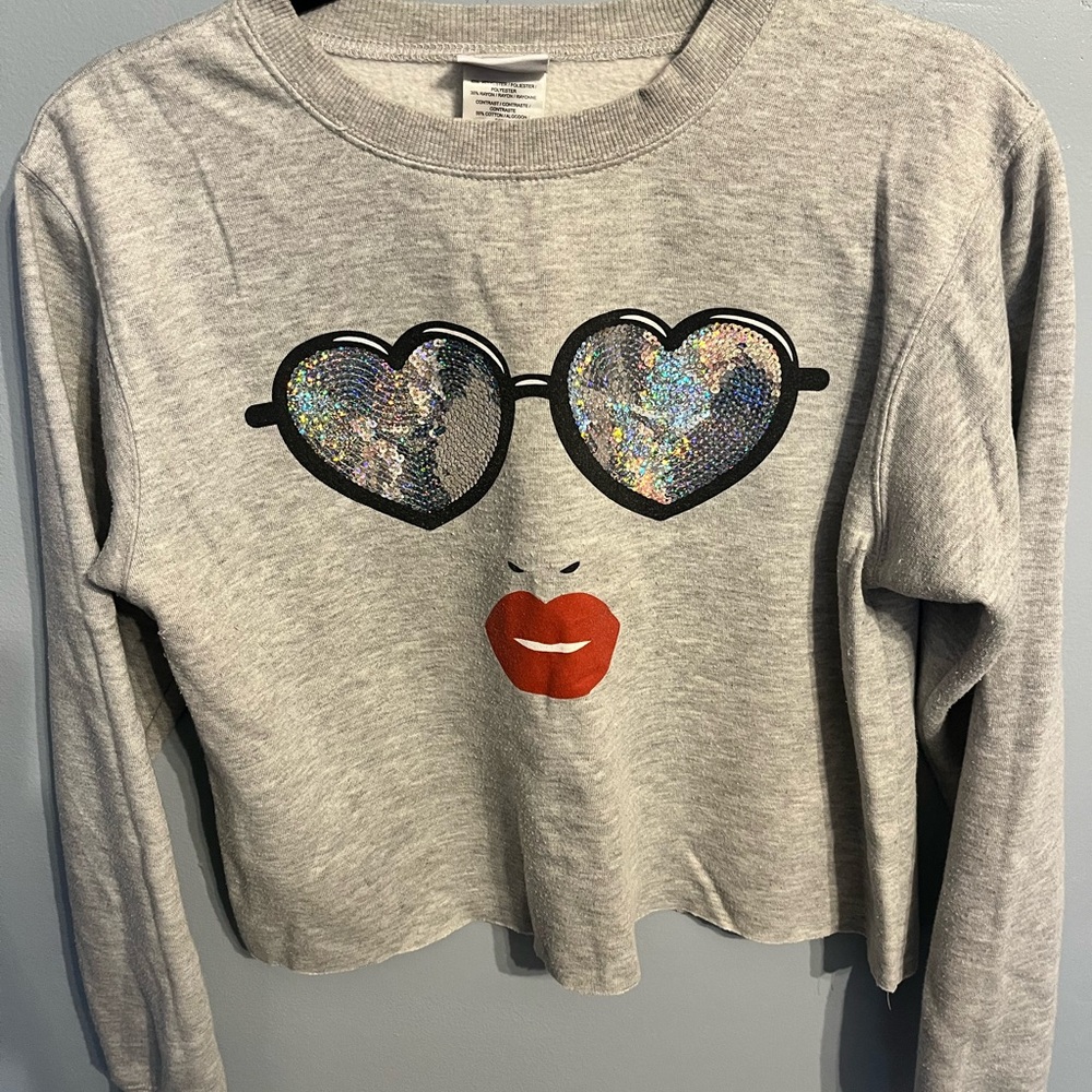 Mighty Fine, Gray Sequin Heart Sunglasses Fave Sweater